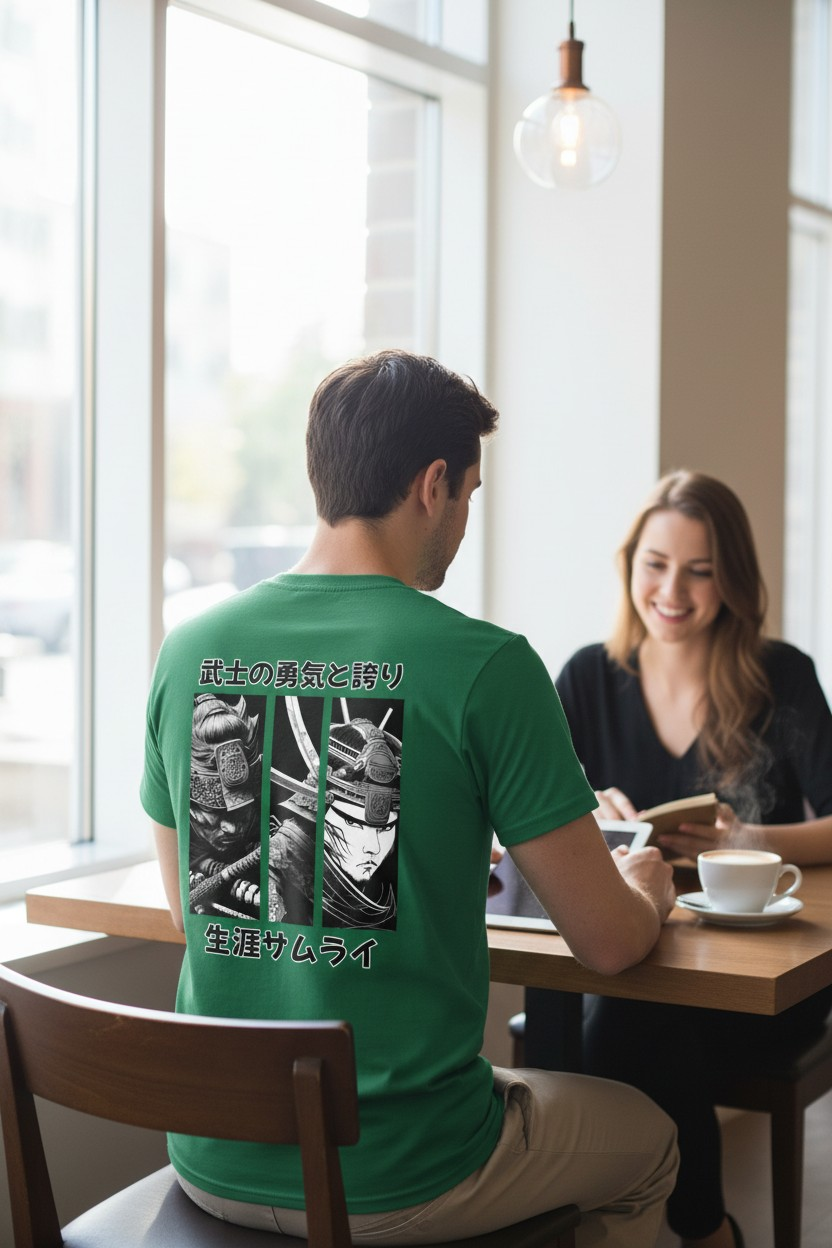 Unisex-Shirt Ronin von Banpuku, hochwertiges Premium-Shirt in neutralem Design, detailreiche Nahaufnahme des Stoffes und Schnitts