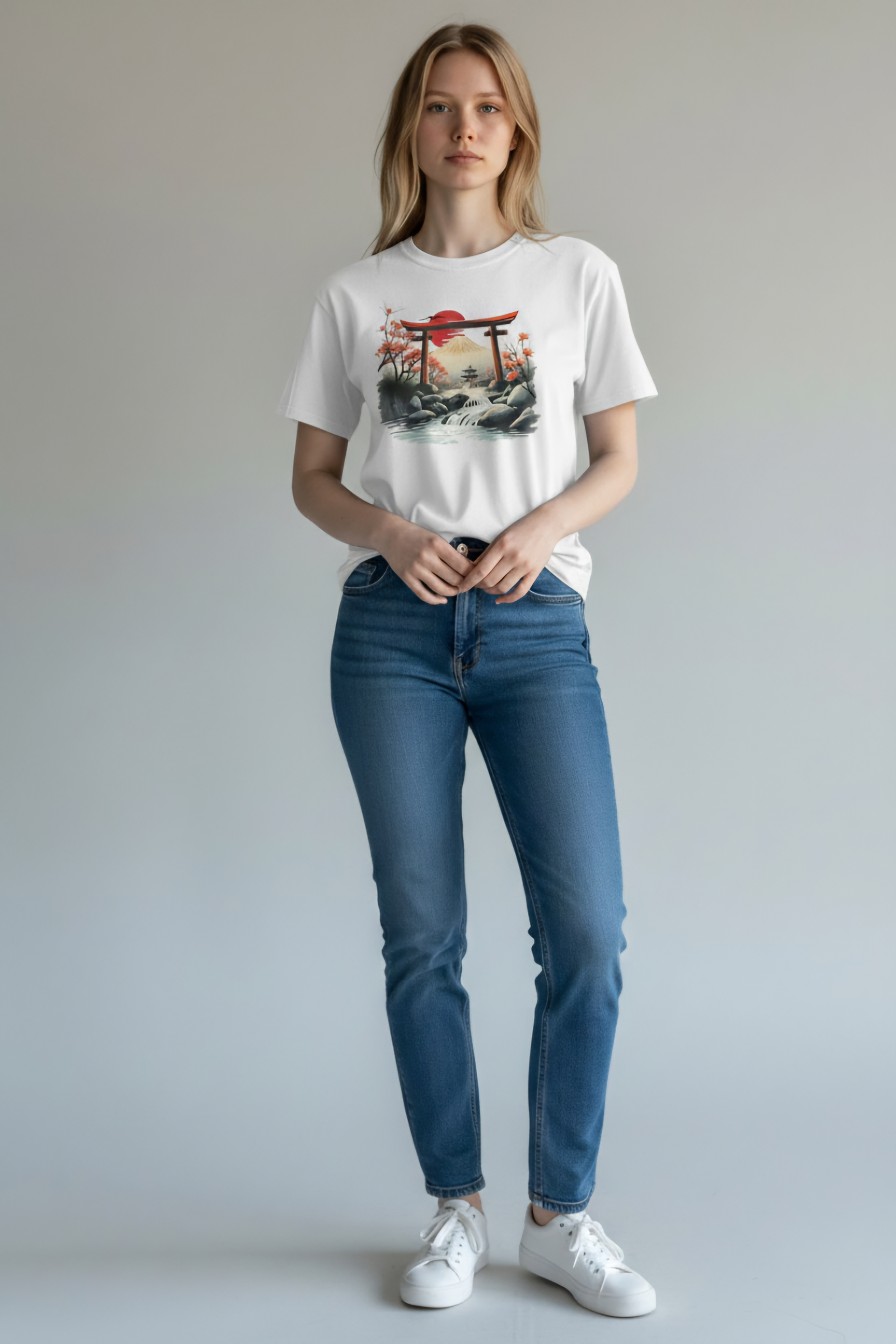 Unisex-Shirt von Banpuku, Torii-Design, aus weichem Stoff, zeigt ein japanisches Torii-Tor in lebendigen Farben.