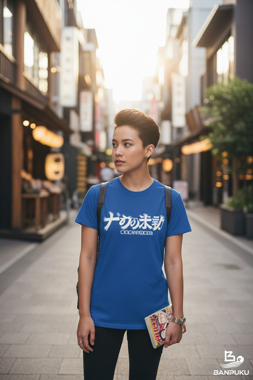 Herren- und Damen-Unisex-T-Shirt von Banpuku, aus hochwertigem Material, in neutralem Design, vor hellem Hintergrund fotografiert.