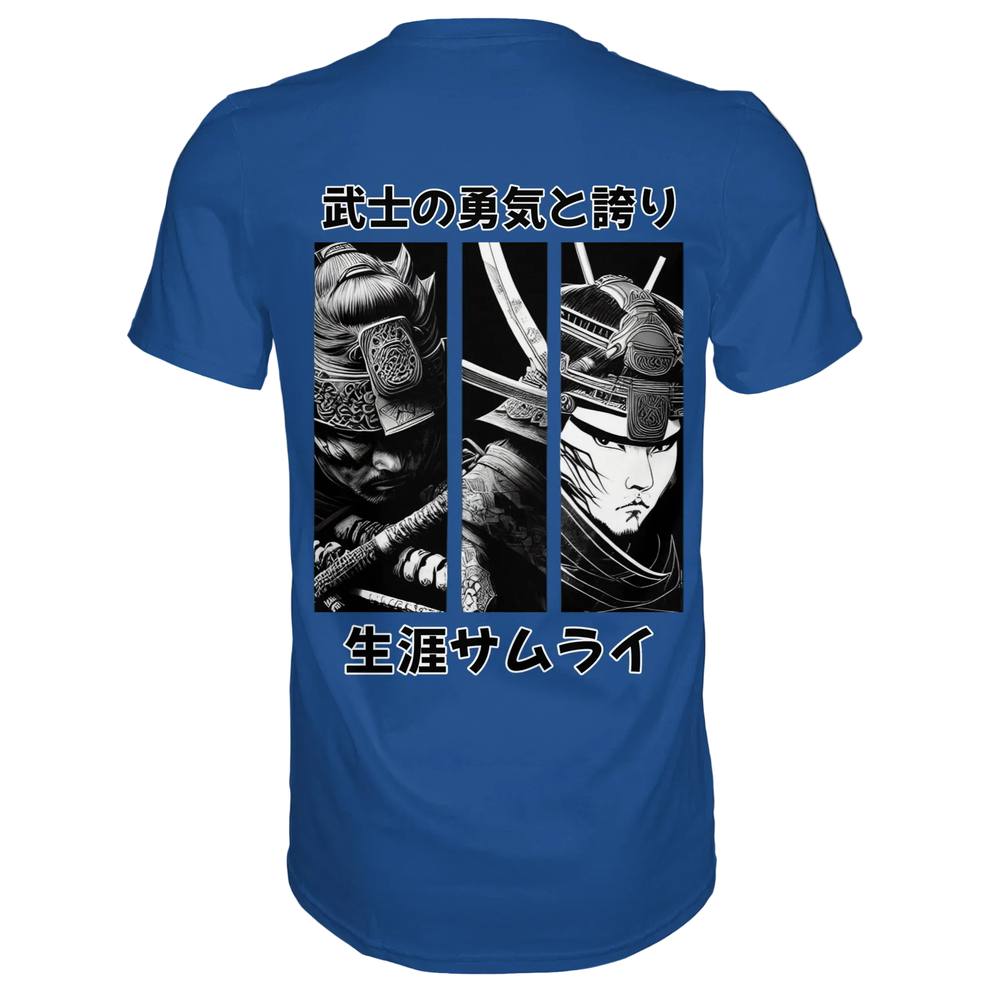 Rückansicht des blauen Ronin Premium Unisex-Shirts von Banpuku, weicher Stoff, modernes Design, bequeme Passform