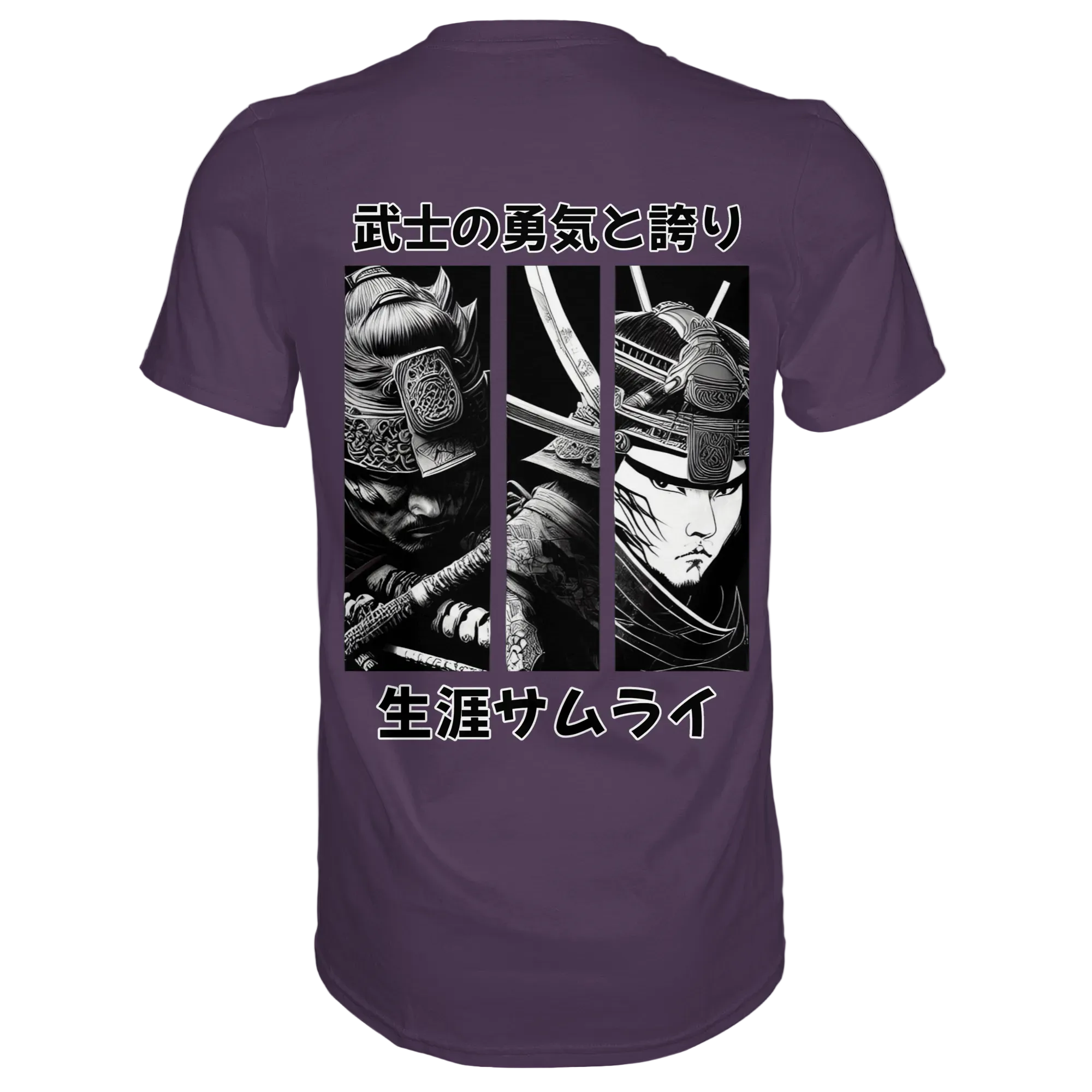 Schulteransicht des urban-lila Ronin Premium Unisex-Shirts von Banpuku, weiches Baumwollmaterial, stilvoll und bequem.