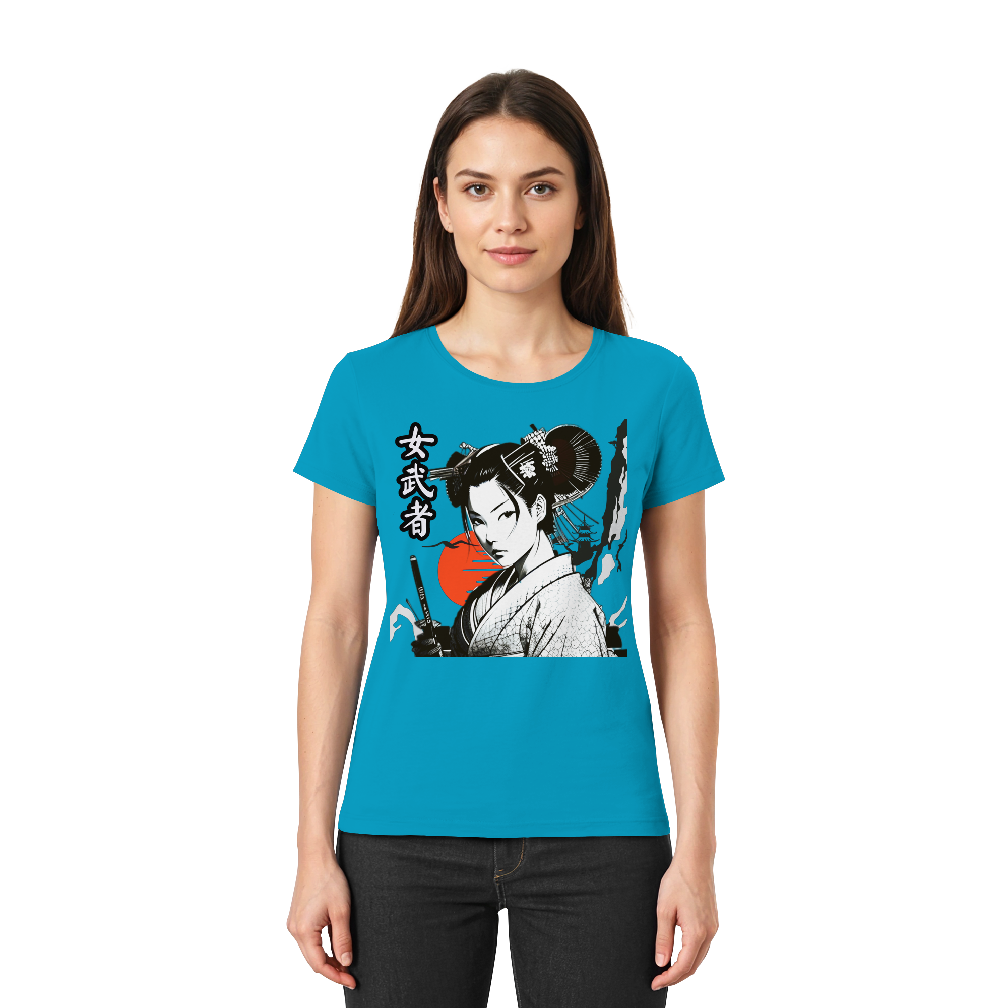Herren- und Damenshirt von Banpuku mit Onna-Bugeisha-Design in Atoll-Farbe, vorderes Bild, hochwertiges Damen-Premium-Shirt