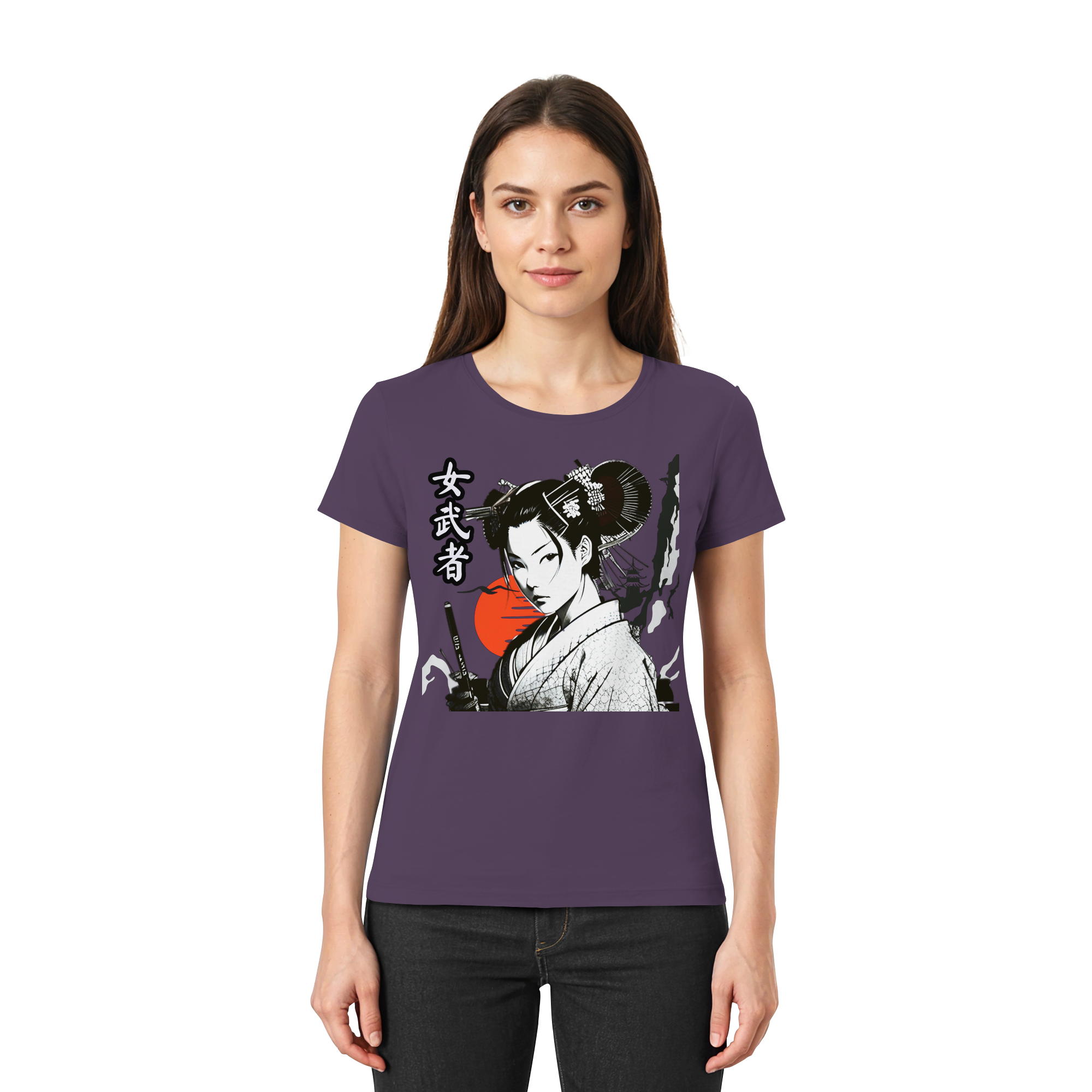 Banpuku Onna-Bugeisha Damen Premium-Shirt in urbanem Lila, Vorderansicht, bequemer Damen-Lady-Shirt, modischer Schnitt