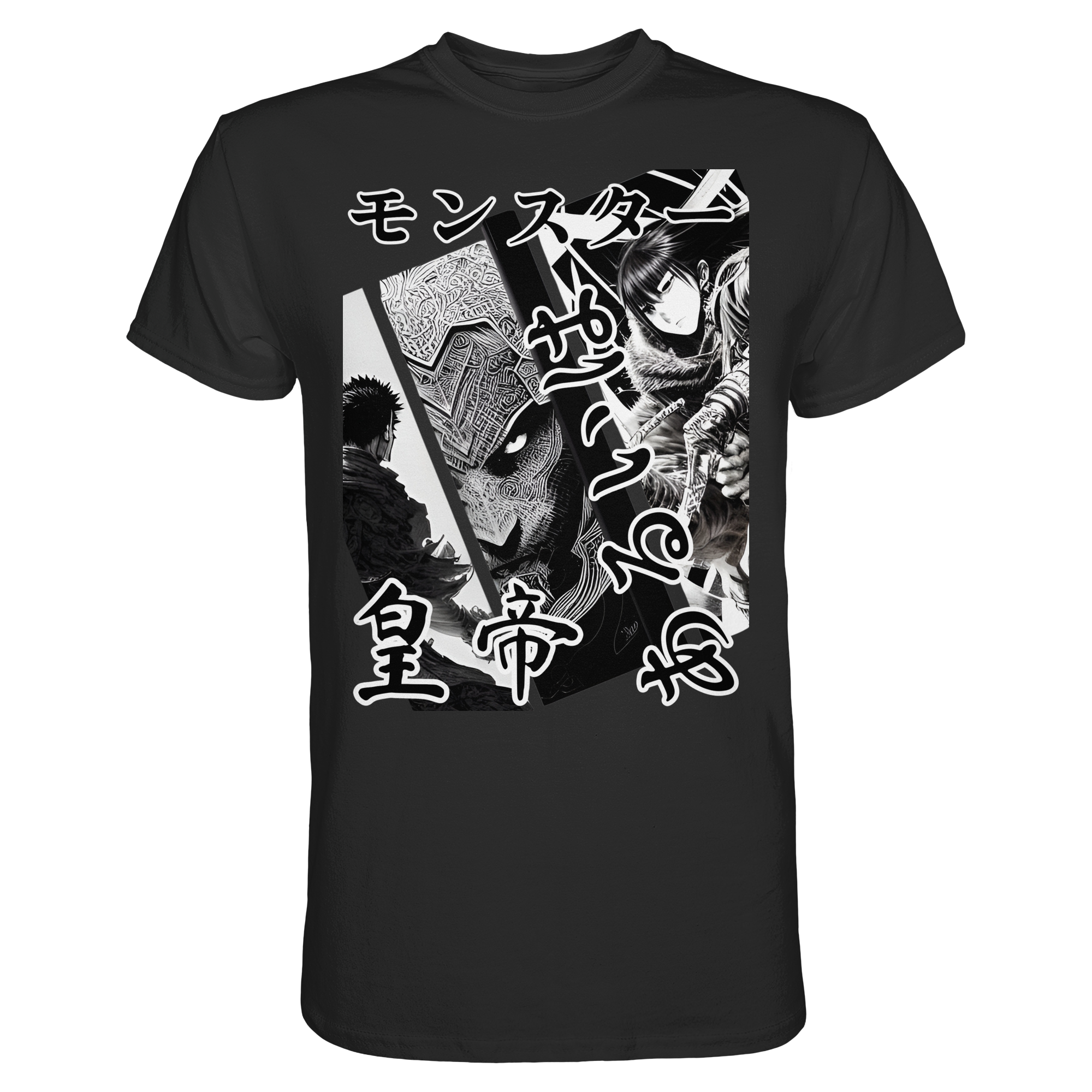 Schwarzes Unisex-T-Shirt "Tenno" von Banpuku, Vorderansicht, bequemes Premium-Shirt aus weichem Stoff.