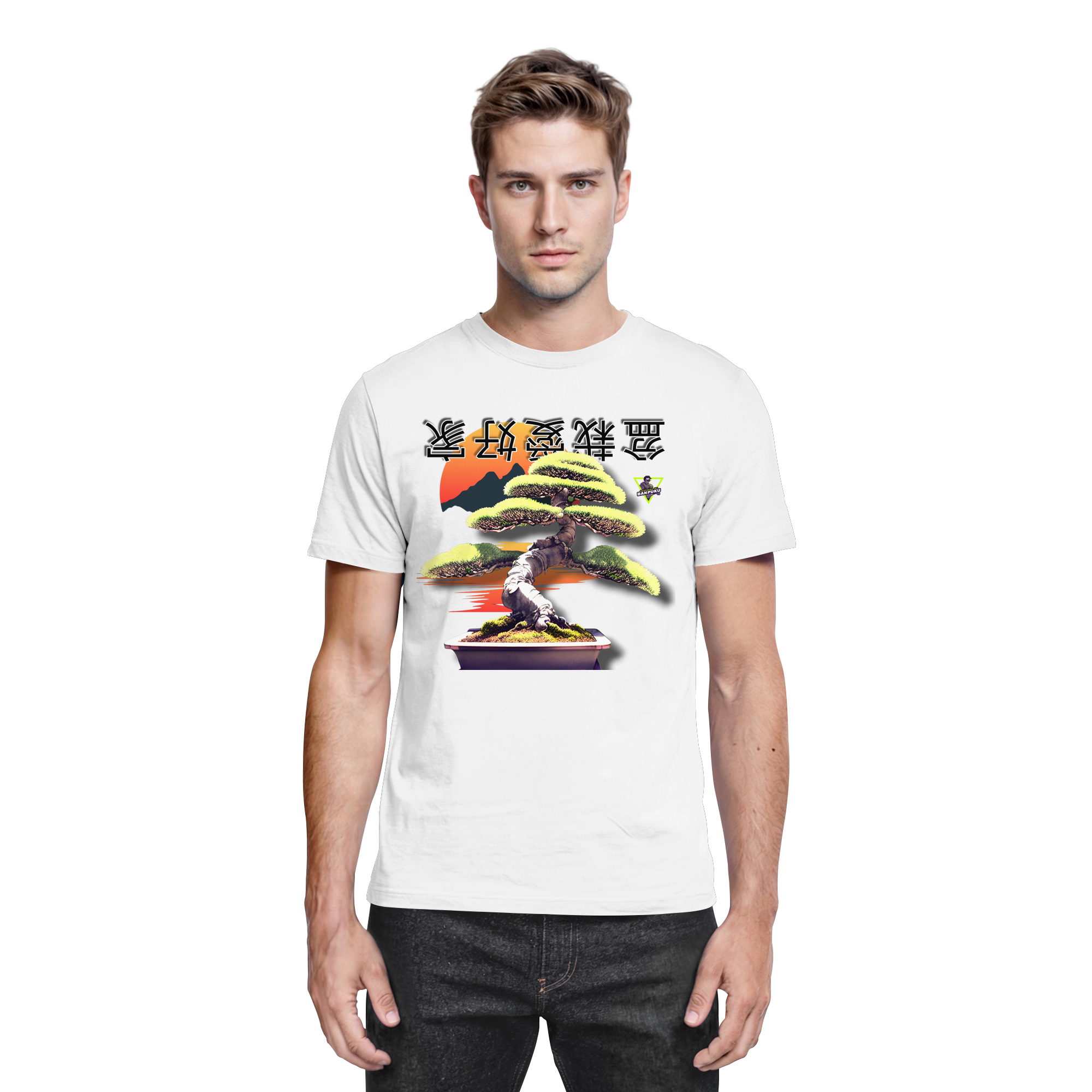 Weißes Unisex-Baumwollshirt von Banpuku mit Bonsai-Design, Vorderansicht, hochwertiges Premium-Shirt.