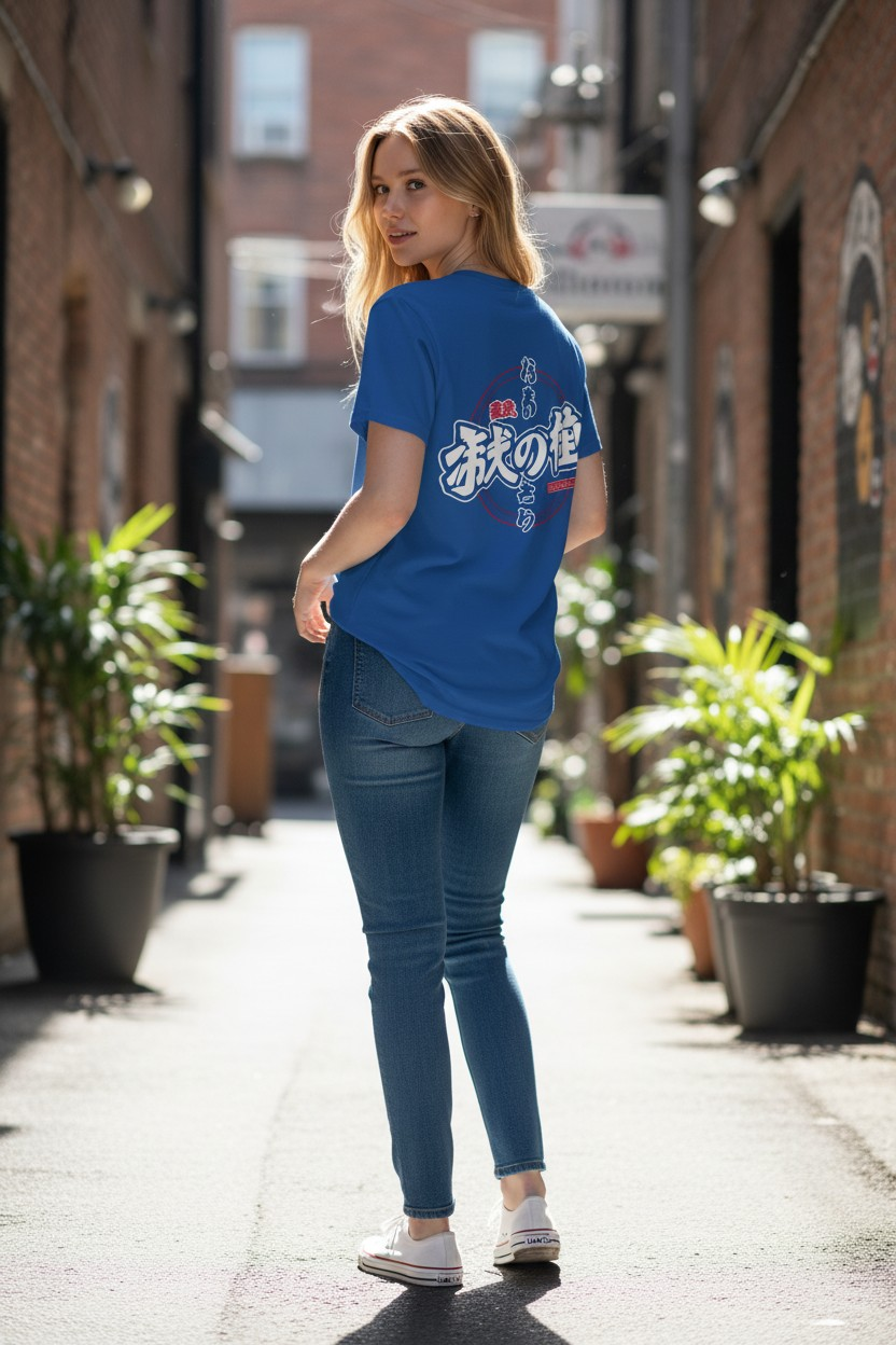 Unisex-Shirt "Kanji" von Banpuku mit japanischem Schriftzug, bequemes Baumwollshirt, schwarzes Design, frontal sichtbar.